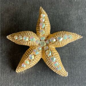 Gold Tone Starfish Brooch with Iridescent Rhinestones
